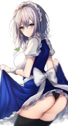 Rule 34 | 1girl, 7saki, apron, ass, back, back bow, bad id, bad twitter id, black panties, black thighhighs, blouse, blue dress, blue eyes, blurry, blush, bow, braid, breasts, closed mouth, commentary request, dress, embarrassed, frills, from behind, green bow, grey hair, hair between eyes, hair bow, hands up, highres, izayoi sakuya, large breasts, looking back, looking to the side, maid, maid headdress, panties, puffy short sleeves, puffy sleeves, shirt, short hair, short sleeves, simple background, solo, standing, thighhighs, touhou, twin braids, underwear, white apron, white background, white bow, white shirt, wrist cuffs