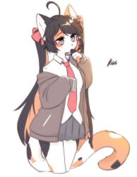 Rule 34 | 1girl, ahoge, alternate hairstyle, animal ears, black hair, body fur, bow, cat ears, cat girl, cat tail, collared shirt, cropped legs, female focus, furry, furry female, grey eyes, grey skirt, hair bow, hand to own mouth, highres, jacket, multicolored fur, multicolored hair, necktie, open clothes, open jacket, orange hair, original, pleated skirt, red bow, red necktie, ressue (gomgom), shirt, simple background, skirt, sleeves past wrists, solo, tail, twintails, white background, white shirt