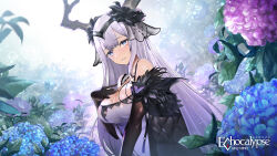 Rule 34 | 1girl, antlers, black cape, black flower, black gloves, black hairband, blue eyes, blue flower, breasts, cape, cleavage, commentary request, copyright name, deer antlers, deer girl, dress, echocalypse, elbow gloves, flower, fur-trimmed cape, fur trim, gloves, grey hair, hair between eyes, hair flower, hair ornament, hairband, hand on own chest, highres, horns, large breasts, leaf, long hair, looking at viewer, mole, mole under eye, official art, outdoors, parted lips, pink flower, purple dress, rain, second-party source, sleeveless, sleeveless dress, solo, teddy (khanshin), teeth, upper body, very long hair, wet, zawa (echocalypse)
