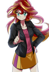 Rule 34 | &gt;:), 1girl, aqua eyes, black jacket, blonde hair, caibao return, closed mouth, collarbone, cowboy shot, green eyes, hair between eyes, hand on own hip, highres, index finger raised, jacket, legs apart, long hair, long sleeves, looking at viewer, multicolored hair, my little pony, my little pony: equestria girls, my little pony: friendship is magic, open clothes, open jacket, orange skirt, personification, pink shirt, red hair, shirt, simple background, skirt, smile, solo, standing, sunset shimmer, two-tone hair, v-shaped eyebrows, wavy hair, white background