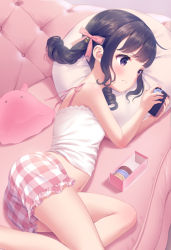 Rule 34 | 1girl, bare arms, bare shoulders, black hair, bow, brown eyes, camisole, chitosezaka suzu, commentary request, feet out of frame, food, frilled shorts, frills, hair bow, holding, long hair, looking away, lying, macaron, midriff, navel, on side, original, pillow, pink bow, plaid, plaid shorts, short shorts, shorts, solo, twintails, white camisole