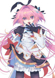 Rule 34 | 1boy, absurdres, astolfo (fate), astolfo (saber) (fate), astolfo (saber) (third ascension) (fate), black bow, black gloves, black ribbon, blush, bow, bowtie, commentary request, dress, fang, fate/grand order, fate (series), gloves, hair bow, hair intakes, hair ornament, hair ribbon, highres, long hair, long sleeves, looking at viewer, male focus, multicolored hair, pink hair, purple eyes, ribbon, simple background, solo, streaked hair, tongue, tongue out, trap, twintails, white background, white hair, zuho (vega)