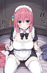 Rule 34 | 1girl, alternate costume, apron, aqua eyes, bed sheet, black bow, black bowtie, black dress, blush, bocchi the rock!, bow, bowtie, breasts, cleavage, collar, collarbone, commentary request, cube hair ornament, detached collar, dress, enmaided, fisheye, gotoh hitori, grey skirt, hair between eyes, hair ornament, highres, huge breasts, indoors, jacket, unworn jacket, long hair, maid, maid headdress, nervous, no shoes, one side up, open mouth, pink hair, pink jacket, rouka (akatyann), short sleeves, sitting, skirt, unworn skirt, solo, sweat, thighhighs, thighs, track jacket, translation request, wariza, white apron, white collar, white headdress, white thighhighs