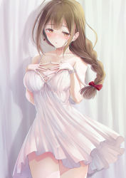 Rule 34 | 1girl, ahoge, arigato (rmskrtkdlqj), bare shoulders, blush, braid, braided ponytail, breasts, brown eyes, brown hair, cleavage, collarbone, dress, earrings, hands on own chest, highres, idolmaster, idolmaster shiny colors, jewelry, kuwayama chiyuki, large breasts, long hair, looking at viewer, open mouth, single braid, thighs, white dress