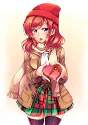 Rule 34 | 10s, 1girl, beanie, black theme, black thighhighs, blush, box, checkered clothes, checkered skirt, coat, dress, female focus, gift, gift box, hat, heart, heart-shaped box, heart-shaped pupils, highres, holding, holding box, holding gift, jacket, long hair, long sleeves, looking at viewer, love live!, love live! school idol festival, love live! school idol project, nishikino maki, open mouth, purple eyes, red hair, red hat, scarf, short hair, signature, skirt, solo, symbol-shaped pupils, thighhighs, valentine, windart
