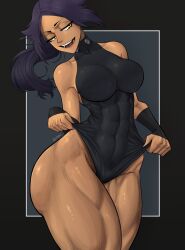 Rule 34 | 1girl, abs, bleach, breasts, dark-skinned female, dark skin, large breasts, limn044, muscular, muscular female, muscular legs, ponytail, purple hair, shihouin yoruichi, solo, thick thighs, thighs, yellow eyes