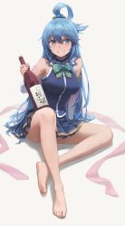 Rule 34 | 1girl, absurdres, aqua (konosuba), bare legs, bare shoulders, barefoot, blue eyes, blue hair, blue shirt, blue skirt, blush, bottle, bow, bowtie, breasts, brooch, buttons, commentary, detached sleeves, feet, free style (yohan1754), full body, grin, hair ornament, hair rings, highres, holding, jewelry, kono subarashii sekai ni shukufuku wo!, large breasts, legs, long hair, long sleeves, looking at viewer, miniskirt, pleated skirt, sake bottle, shirt, simple background, sitting, skirt, smile, solo, toes, very long hair, white background, wine bottle