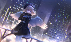 Rule 34 | 1girl, angel, angel wings, beret, black dress, black hat, blonde hair, blue eyes, breasts, city, coat dress, collared dress, commentary request, dress, feathered wings, halo, hand in pocket, hand up, hat, highres, long sleeves, medium breasts, nekokan masshigura, night, original, outdoors, short hair, snowing, solo, standing, thighhighs, white thighhighs, white wings, wings