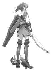 Rule 34 | 10s, 1girl, bad id, bad twitter id, boots, bow (weapon), from behind, full body, greyscale, hakama, hakama short skirt, hakama skirt, japanese clothes, kantai collection, kinosuke (sositeimanoga), miniskirt, monochrome, quiver, short hair, short sleeves, simple background, skirt, solo, thigh boots, thighhighs, twintails, weapon, white background, zuikaku (kancolle)