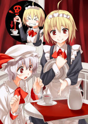 Rule 34 | &gt; &lt;, 2girls, ahoge, alternate costume, alternate hair length, alternate hairstyle, blonde hair, blush, cup, enmaided, closed eyes, female focus, flandre scarlet, grin, hat, highres, light purple hair, maid, maid headdress, multiple girls, pino (birthdayparty), poison, red eyes, remilia scarlet, short hair, smile, teacup, teapot, touhou