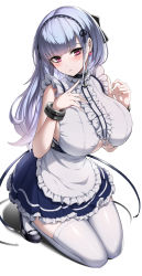 Rule 34 | 1girl, absurdres, apron, azur lane, bad id, bad pixiv id, bare shoulders, black hairband, blush, breasts, clothing cutout, dido (azur lane), earrings, frills, hairband, highres, jewelry, large breasts, long hair, looking at viewer, maid, mingakk, pink eyes, silver hair, sitting, sleeveless, solo, thighhighs, underboob, underboob cutout, waist apron, white apron, white thighhighs