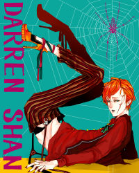 Rule 34 | 1boy, aged down, blue eyes, bug, larten crepsley, male focus, necktie, pants, red hair, scar, scar on face, short hair, silk, solo, spider, spider web, striped clothes, striped pants, suspenders, the saga of darren shan, the saga of larten crepsley