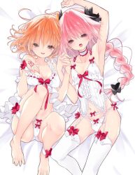 Rule 34 | 1boy, 1girl, astolfo (fate), babydoll, barefoot, blush, bow, bow panties, braid, breasts, command spell, fate/grand order, fate (series), fujimaru ritsuka (female), garter straps, medium breasts, open mouth, orange hair, panties, pink hair, short hair, smile, textless version, thighhighs, trap, tsucaco, underwear, white panties, white thighhighs