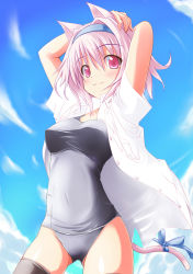 Rule 34 | 1girl, absurdres, animal ears, arms up, cat ears, cat tail, character request, day, female focus, hairband, hands on own head, highres, nirap, no pants, one-piece swimsuit, open clothes, open shirt, original, pink eyes, pink hair, ribbon, school swimsuit, shirt, sky, smile, solo, swimsuit, swimsuit under clothes, tail, tail ornament, tail ribbon, thighhighs