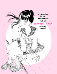 Rule 34 | 1girl, arm support, blouse, blush stickers, bomhat, closed mouth, collarbone, commentary, cover, cover page, english text, kneehighs, limited palette, loafers, long hair, looking at viewer, neckerchief, original, pink background, ponytail, school uniform, serafuku, shirt, shoes, sitting, skirt, smile, socks, solo