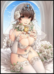Rule 34 | 1girl, absurdres, ball gag, bed sheet, bird, black border, blue sky, bob cut, border, bouquet, bra, breasts, bridal veil, bride, brown eyes, brown hair, cleavage, curvy, day, dove, elbow gloves, eyebrows, flower, flower necklace, gag, gloves, hands on own chest, highres, jewelry, large breasts, lingerie, looking at viewer, matching hair/eyes, naidong (artist), necklace, open mouth, original, panties, ribbon, rose, short hair, sitting, sky, smile, solo, thighhighs, tiara, underwear, veil, white bra, white flower, white gloves, white panties, white ribbon, white rose, white thighhighs