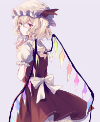 Rule 34 | 1girl, back bow, blonde hair, bow, closed mouth, commentary request, cowboy shot, crystal, dress, flandre scarlet, from behind, grey background, hair between eyes, hands up, hat, hat ribbon, highres, long hair, looking at viewer, looking back, mob cap, petticoat, puffy short sleeves, puffy sleeves, red dress, red eyes, red ribbon, ribbon, short sleeves, simple background, smile, solo, split mouth, touhou, uranaishi (miraura), white hat, wings