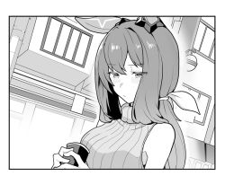 Rule 34 | 1girl, admire vega (umamusume), animal ears, bare shoulders, blush, border, breasts, building, closed mouth, commentary request, cup, disposable cup, greyscale, half-closed eyes, holding, holding cup, horse ears, long hair, looking down, medium breasts, monochrome, outdoors, sleeveless, sleeveless sweater, solo, sweater, turtleneck, turtleneck sweater, umamusume, upper body, zero (zero23958365)