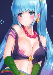 Rule 34 | 1girl, aqua hair, arcade sona, bad id, bad pixiv id, blue eyes, breasts, female focus, gradient hair, kfr, large breasts, league of legends, long hair, midriff, multicolored hair, navel, nipples, solo, sona (league of legends), strap slip, twintails