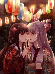 Rule 34 | 2girls, aili (aliceandoz), black hair, blurry, blurry background, bow, close-up, crossed arms, depth of field, eye contact, face-to-face, flower, fujiwara no mokou, hair bow, hair flower, hair ornament, highres, hime cut, houraisan kaguya, japanese clothes, kimono, lampion, lantern, lips, long finger, long hair, looking at another, multiple girls, nose, open mouth, own hands together, paper lantern, parted lips, red eyes, silver hair, snowing, touhou, upper body, wide sleeves, yellow eyes, yuri