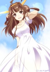 Rule 34 | 10s, 1girl, breasts, brown eyes, brown hair, cleavage, collarbone, dress, from below, hair ornament, hand in own hair, kantai collection, kongou (kancolle), long hair, looking at viewer, medium breasts, ookami maito, see-through, see-through silhouette, solo, sundress, white dress