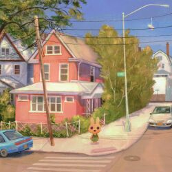Rule 34 | animal crossing, blue sky, building, bush, car, coco (animal crossing), commentary, crosswalk, day, dress, fawn (fawnyawns), fence, full body, grass, green dress, highres, hollow eyes, house, lamppost, manhole cover, motor vehicle, nintendo, open mouth, outdoors, power lines, road, scenery, sidewalk, sign, sky, standing, street, symbol-only commentary, tree, utility pole