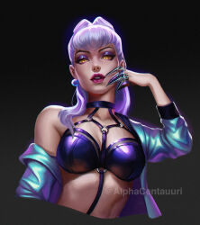 Rule 34 | 1girl, alphacentauuri, asymmetrical bangs, between breasts, black choker, blue jacket, breasts, choker, claw (weapon), cone hair bun, cropped jacket, demon, demon girl, drop earrings, earrings, evelynn (league of legends), eyeshadow, hair bun, highres, jacket, jewelry, k/da (league of legends), large breasts, league of legends, long hair, looking at viewer, makeup, o-ring, off shoulder, open clothes, open jacket, pink lips, purple eyeshadow, revealing clothes, single bare shoulder, slit pupils, solo, strap between breasts, the baddest evelynn, twitter username, upper body, weapon, white hair, yellow eyes