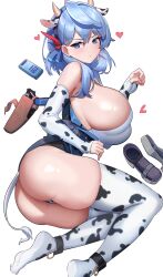 Rule 34 | 1girl, absurdres, ako (blue archive), alternate costume, animal ears, animal print, ass, bare shoulders, blue archive, blue eyes, blue hair, blush, breasts, condom, condom box, cow ears, cow horns, cow print, cow print gloves, cow print thighhighs, cow tail, dishui tangni, elbow gloves, fake animal ears, fake horns, fake tail, fingerless gloves, gloves, heart, highres, holstered, horns, huge breasts, looking at viewer, looking to the side, print gloves, print thighhighs, shoes, sideboob, simple background, solo, tail, thick thighs, thighhighs, thighs, unworn shoes, white background