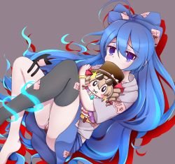 Rule 34 | 1girl, :x, ahoge, black hat, black thighhighs, blue bow, blue eyes, blue hair, blue skirt, blush stickers, bow, brown hair, character doll, commentary request, debt, drill hair, evandragon, eyewear on head, hair ribbon, hat, highres, hood, hoodie, jacket, jewelry, long hair, maebari, miniskirt, necklace, no panties, purple jacket, ribbon, simple background, single thighhigh, skirt, solo, stuffed animal, stuffed cat, stuffed toy, sunglasses, thighhighs, top hat, touhou, twin drills, very long hair, yorigami shion