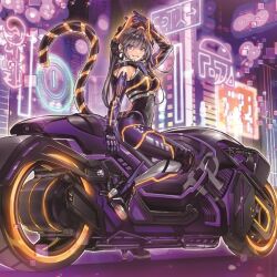 Rule 34 | bare shoulders, black bodysuit, black gloves, bodysuit, breasts, commentary request, duel monster, gloves, grey hair, i:p masquerena, long hair, looking at viewer, medium breasts, motor vehicle, motorcycle, neon trim, official alternate costume, official art, science fiction, twintails, yu-gi-oh!