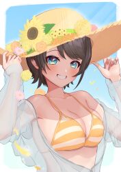 Rule 34 | 1girl, bikini, black hair, blue eyes, breasts, cleavage, flower, grin, hareteruya, hat, hat flower, highres, hololive, medium breasts, official alternate costume, oozora subaru, oozora subaru (hololive summer 2019), open clothes, open shirt, see-through, see-through shirt, short hair, smile, solo, straw hat, striped bikini, striped clothes, sun hat, sunflower, swimsuit, upper body, virtual youtuber, yellow bikini, yellow hat