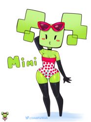 Rule 34 | 1girl, blush stickers, character name, choker, collarbone, colored skin, elbow gloves, full body, gloves, green hair, green skin, highres, mario (series), mimi (paper mario), nintendo, paper mario, pursed lips, solo, somescrub, standing, sunglasses on head, super paper mario, swimsuit, thick thighs, thighhighs, thighs, tight clothes, twintails