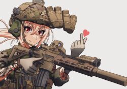 Rule 34 | 1girl, assault rifle, blonde hair, camouflage, camouflage headwear, camouflage jacket, closed mouth, dausagi, ear protection, finger heart, gloves, green headwear, green jacket, grey background, grey gloves, gun, h&amp;k hk416, hair between eyes, hands up, helmet, holding, holding gun, holding weapon, jacket, long hair, looking at viewer, original, ponytail, red eyes, rifle, scope, simple background, smile, solo, upper body, weapon