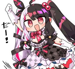 Rule 34 | 1girl, :d, ahoge, arm up, black dress, black hair, blush, breasts, commentary, dress, gloves, grey dress, hair bobbles, hair ornament, kanikama, large breasts, long hair, looking at viewer, multicolored hair, nijisanji, open mouth, puffy short sleeves, puffy sleeves, red eyes, red hair, romaji commentary, short sleeves, sidelocks, silver hair, simple background, smile, solo, streaked hair, translation request, twintails, two-tone hair, very long hair, virtual youtuber, white background, white gloves, yorumi rena, yorumi rena (1st costume)