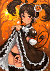 Rule 34 | 1girl, black panties, bow, clothes lift, demon tail, earrings, fang, fang out, food-themed hair ornament, gothic lolita, hair ornament, halloween, jewelry, lifted by self, lolita fashion, moon, navel, orange eyes, original, panties, pantyshot, pointy ears, pumpkin hair ornament, rokuhara (10687811), skirt, skirt lift, smile, solo, tail, tombstone, tree, trick or treat, twintails, underwear
