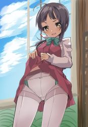 Rule 34 | 10s, 1girl, ahoge, bad id, bad twitter id, black hair, blue bow, blue bowtie, blue sky, blush, bow, bowtie, brown eyes, caburi aki, clothes lift, cloud, cloudy sky, commentary request, cowboy shot, day, dress, dress lift, fujinami (kancolle), grey pantyhose, inactive account, indoors, kantai collection, lifting own clothes, long sleeves, looking at viewer, open mouth, panties, panties under pantyhose, pantyhose, pink dress, shirt, sky, sleeveless, sleeveless dress, smile, solo, sweat, thighband pantyhose, underwear, white shirt, window