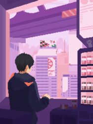 Rule 34 | 1boy, ad, animated, animated gif, bad link, billboard, black hair, black jacket, building, can, cityscape, cloud, day, drink can, highres, hood, hood down, hooded jacket, jacket, male focus, original, soda can, solo, train, trash can, vending machine, wind light, window