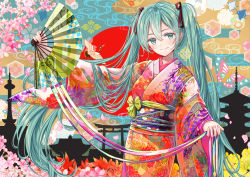 Rule 34 | 1girl, akasaka asa, aqua eyes, aqua hair, autumn leaves, bird, cherry blossoms, closed mouth, colored eyelashes, cowboy shot, floating hair, floral print, ginkgo leaf, hair between eyes, hand fan, hatsune miku, highres, holding, holding fan, japanese clothes, kimono, leaf, long hair, long sleeves, looking at viewer, print kimono, smile, solo, standing, torii, twintails, very long hair, vocaloid, wide sleeves
