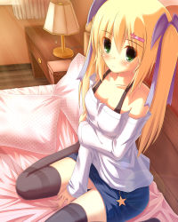 Rule 34 | 1girl, absurdres, bad id, bad pixiv id, bare shoulders, black thighhighs, blonde hair, blue skirt, blush, collarbone, from side, green eyes, hair ornament, hair ribbon, hairclip, highres, holding own arm, ichiroku, indoors, lamp, long hair, looking at viewer, miniskirt, on bed, original, pencil skirt, pillow, ribbon, sena (ichiroku), sitting, skirt, solo, star (symbol), sunlight, thighhighs, twintails, wariza