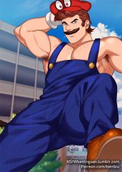Rule 34 | 1boy, armpit hair, armpits, bara, bare arms, bare shoulders, buttons, chest hair, facial hair, foot out of frame, foreshortening, gluteal fold, hand in own hair, kienbiu, large pectorals, legs apart, long sideburns, looking at viewer, male focus, mario, mario (series), mature male, muscular, muscular male, mustache, naked overalls, nintendo, no shirt, aged up, overalls, paid reward available, pectoral cleavage, pectorals, personification, paid reward available, short hair, sideburns, sidepec, smirk, solo, super mario odyssey, thick thighs, thighs