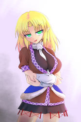 Rule 34 | 1girl, alternate breast size, between breasts, blonde hair, breast hold, breasts, crossed arms, female focus, green eyes, highres, kamishima kanon, large breasts, mizuhashi parsee, naughty face, open mouth, pointy ears, scarf, short hair, smirk, solo, touhou