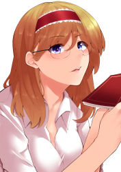 Rule 34 | absurdres, alice margatroid, alternate costume, bespectacled, blonde hair, blue eyes, blush, book, collared shirt, from side, glasses, gradient eyes, hairband, highres, holding, holding book, keenii (kenny86), long sleeves, looking at viewer, multicolored eyes, open book, open collar, open mouth, purple eyes, red hairband, shirt, simple background, sleeves rolled up, solo, teeth, touhou, upper body, white background, white shirt