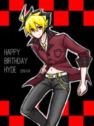 Rule 34 | 1boy, ahoge, belt, black hair, blonde hair, buttons, casual, checkered background, flannel, hand on own hip, happy birthday, kido hyde, jewelry, midriff, multicolored hair, navel, necklace, pocket, popped collar, red eyes, red shirt, shirt, sleeves rolled up, two-tone hair, unbuttoned, under night in-birth, wallet chain, white belt