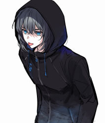 Rule 34 | 1boy, black coat, black hair, blue eyes, coat, drawstring, fate/grand order, fate (series), grey hair, hair between eyes, hood, hood up, hooded coat, leaning forward, male focus, oberon (fate), oberon (third ascension) (fate), shichimi (ftlvampire32), simple background, solo, tongue, tongue out, white background, zipper, zipper pull tab