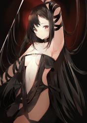 Rule 34 | 1girl, absurdres, arm ribbon, arm up, armpits, bare shoulders, black dress, black hair, black ribbon, blush, breasts, closed mouth, collarbone, dress, fate/grand order, fate (series), hair between eyes, head tilt, highres, long hair, md5 mismatch, medium breasts, navel, red eyes, revealing clothes, ribbon, ribbon-trimmed dress, ribbon trim, silver (chenwen), solo, strapless, strapless dress, very long hair, yu mei-ren (fate)