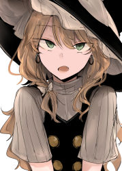 Rule 34 | 1girl, black dress, black hat, bow, dress, earrings, fang, green eyes, grey shirt, hair bow, half-closed eyes, hat, hoop earrings, jewelry, kirisame marisa, long hair, looking at viewer, necro (nekurodayo), open mouth, ribbed shirt, shirt, short sleeves, simple background, solo, tilted headwear, touhou, upper body, white background, white bow, witch hat