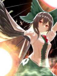 Rule 34 | absurdres, anima miko, arm cannon, bird wings, black hair, black wings, blouse, bow, buttons, cape, collared shirt, frilled skirt, frills, green bow, green skirt, hair bow, highres, long hair, puffy short sleeves, puffy sleeves, red eyes, reiuji utsuho, shirt, short sleeves, skirt, solo, third eye, touhou, weapon, white shirt, wings