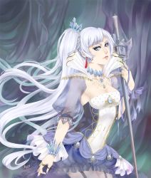 Rule 34 | 1girl, blue eyes, bracelet, breasts, cleavage, dress, earrings, highres, holding, holding sword, holding weapon, jewelry, kairiwhisper, long hair, looking at viewer, medium breasts, necklace, ponytail, rapier, ring, rwby, solo, sword, very long hair, weapon, weiss schnee, white hair