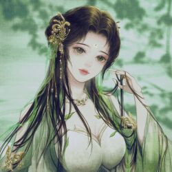 Rule 34 | 1girl, artist request, baiguio (zhu xian), bare shoulders, blurry, blurry background, brown hair, closed mouth, dress, facial mark, forehead mark, green eyes, hair ornament, hand in own hair, head tilt, jewelry, long hair, long sleeves, looking at viewer, necklace, second-party source, solo, upper body, white dress, zhu xian