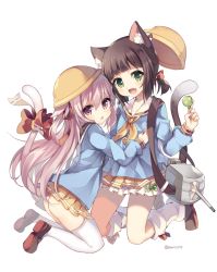 Rule 34 | 2girls, :d, animal ears, ass, azur lane, bell, black hair, black sailor collar, blue shirt, blush, bow, brown footwear, candy, cannon, cat ears, cat girl, cat tail, commentary, fang, food, green eyes, hair ribbon, hat, unworn hat, unworn headwear, holding, holding candy, holding food, holding lollipop, jingle bell, kindergarten uniform, kisaragi (azur lane), kneehighs, lollipop, long sleeves, looking at viewer, looking to the side, loose socks, low twintails, multiple girls, mutsuki (azur lane), neckerchief, one side up, open mouth, parted lips, pink hair, pleated skirt, red bow, red eyes, red ribbon, rento (rukeai), ribbon, sailor collar, school hat, shirt, shoe soles, short twintails, simple background, skirt, smile, socks, tail, tail bell, tail bow, tail ornament, tail raised, thighhighs, turret, twintails, twitter username, white background, white legwear, white sailor collar, yellow headwear, yellow neckerchief, yellow skirt